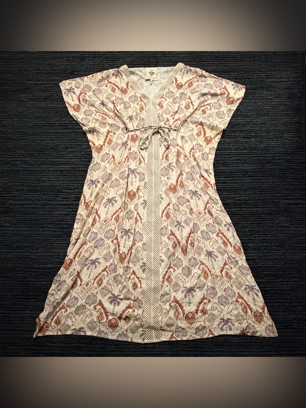 Z&L Europe boho kaftan tropical print metallic thread v neck belted dress